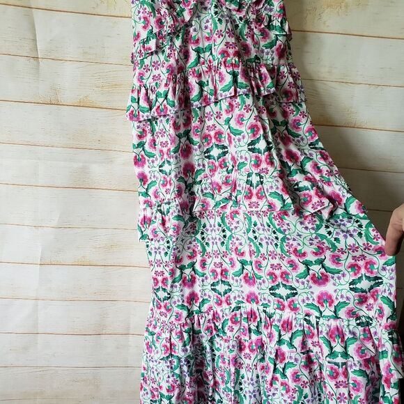 MISA x Revolve Morrison Floral Cotton Strappy Tiered Spring Fuschia Midi Dress - Picture 8 of 15